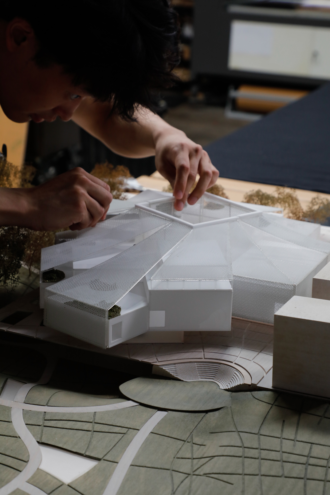 Architectural Compeition Model at 1-500 made with timber and white acrylic for HASSELL & SO-IL